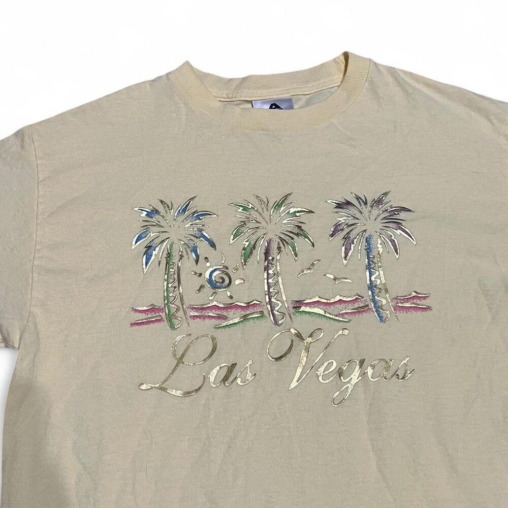 Butter yellow, 100% cotton vintage 90s Las Vegas palm tree graphic tee. M. - Picture 4 of 4